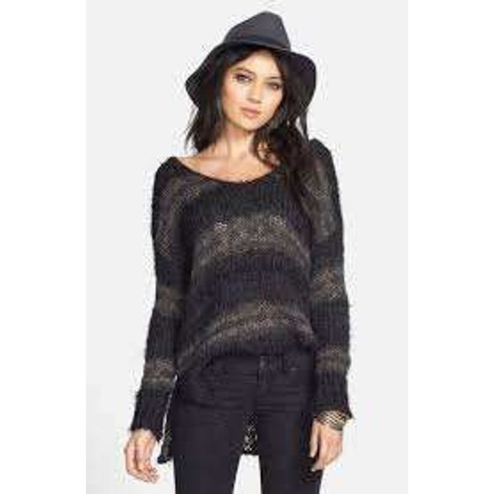 Free People Womens Oversized Striped Chunky Open Knit Sweater V-Neck High-Low